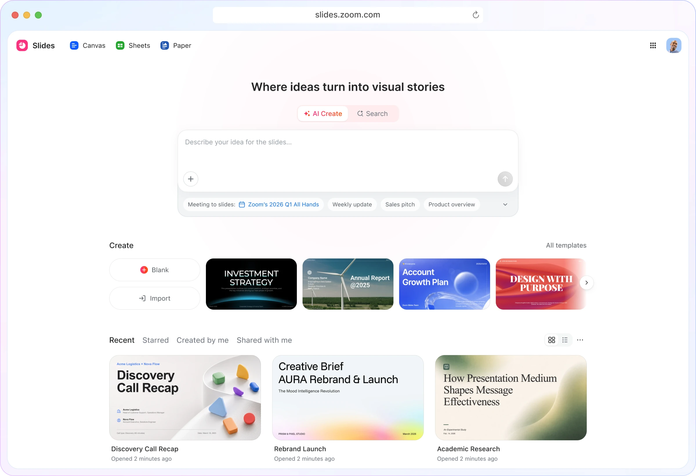 Zoom Slides workspace with a prompt composer, template gallery, and recent presentations