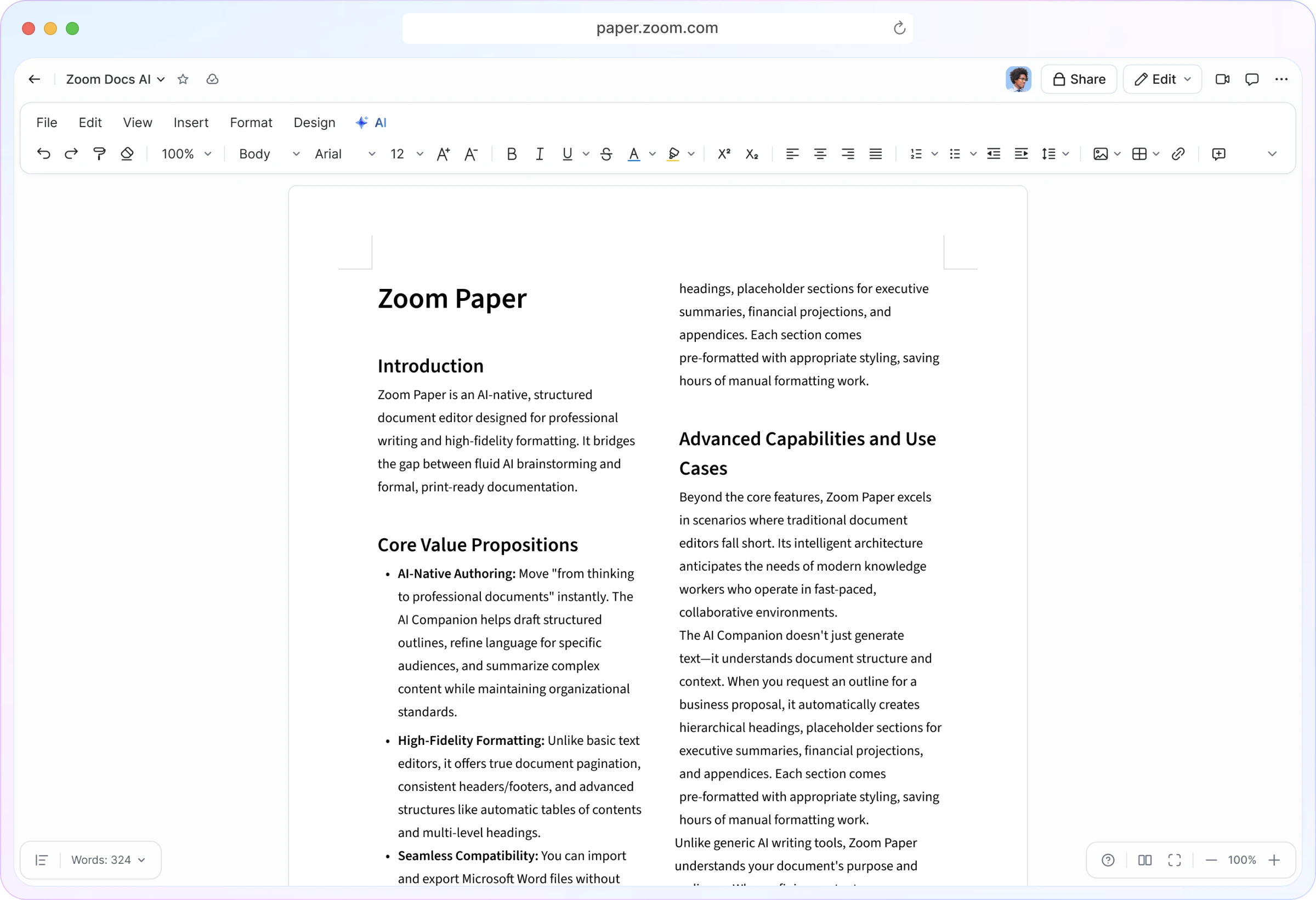 Zoom Paper hero showing a structured professional document with AI-powered editing